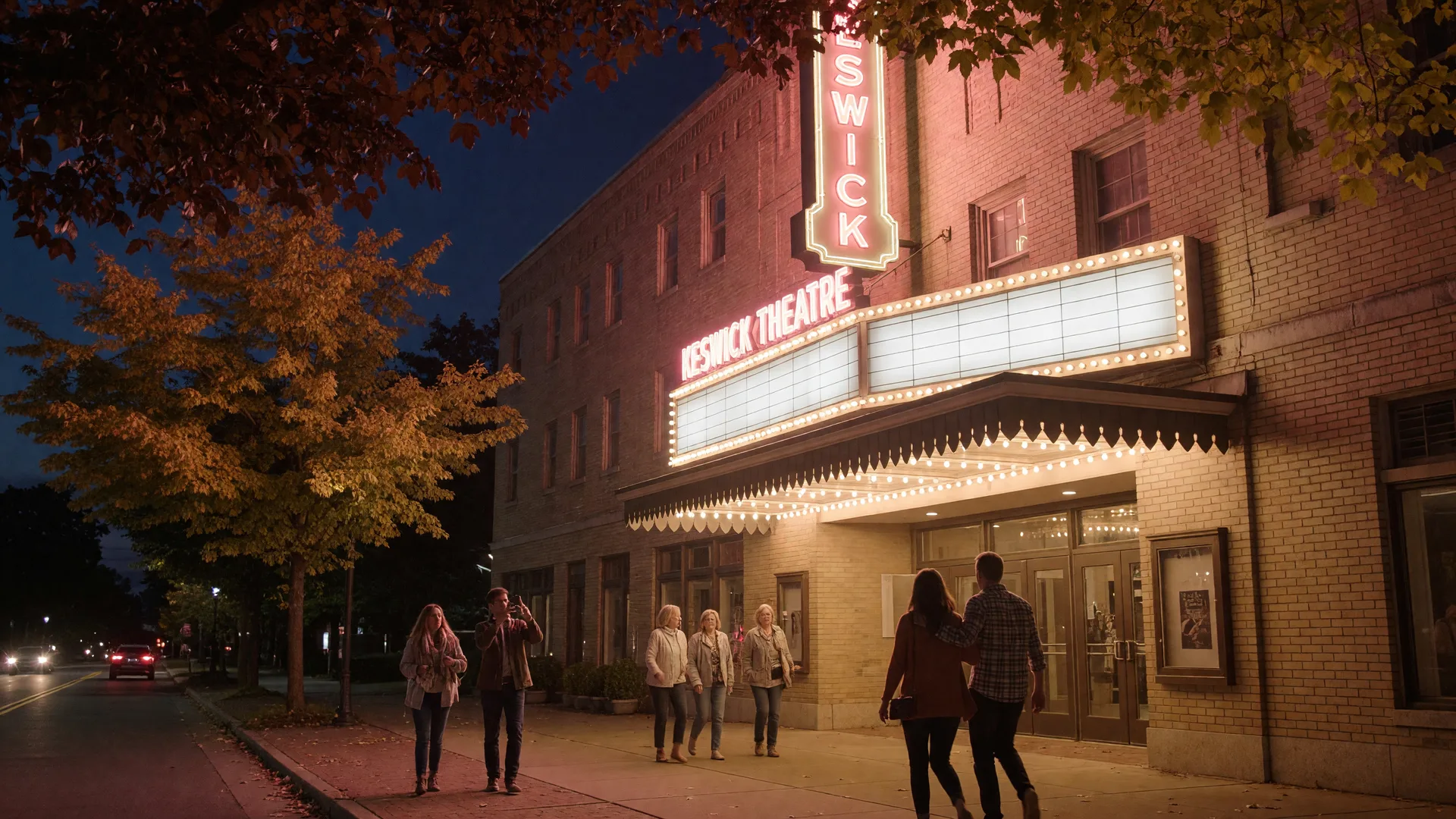 The historic Keswick Theatre in Glenside at night with its glowing marquee on Easton Road and people walking toward the entrance beneath the canopy in warm early-autumn light