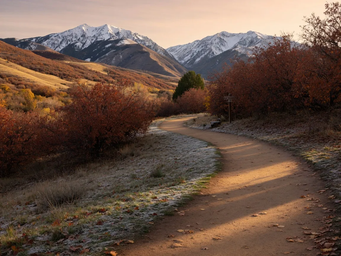 A golden singletrack trail winding through late-fall scrub oak foothills in Draper's Corner Canyon with the snow-dusted Wasatch Mountains rising behind