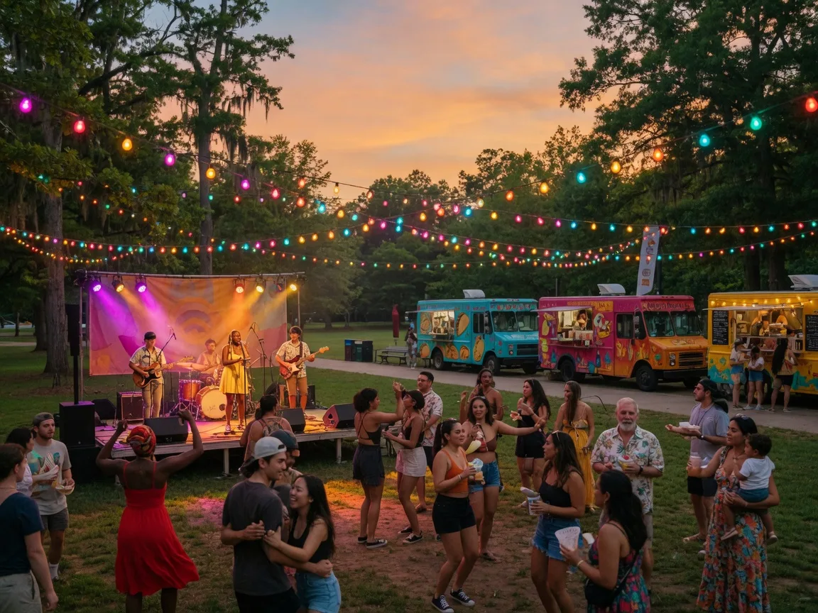 Lively outdoor music festival in a Raleigh park with string lights and a crowd