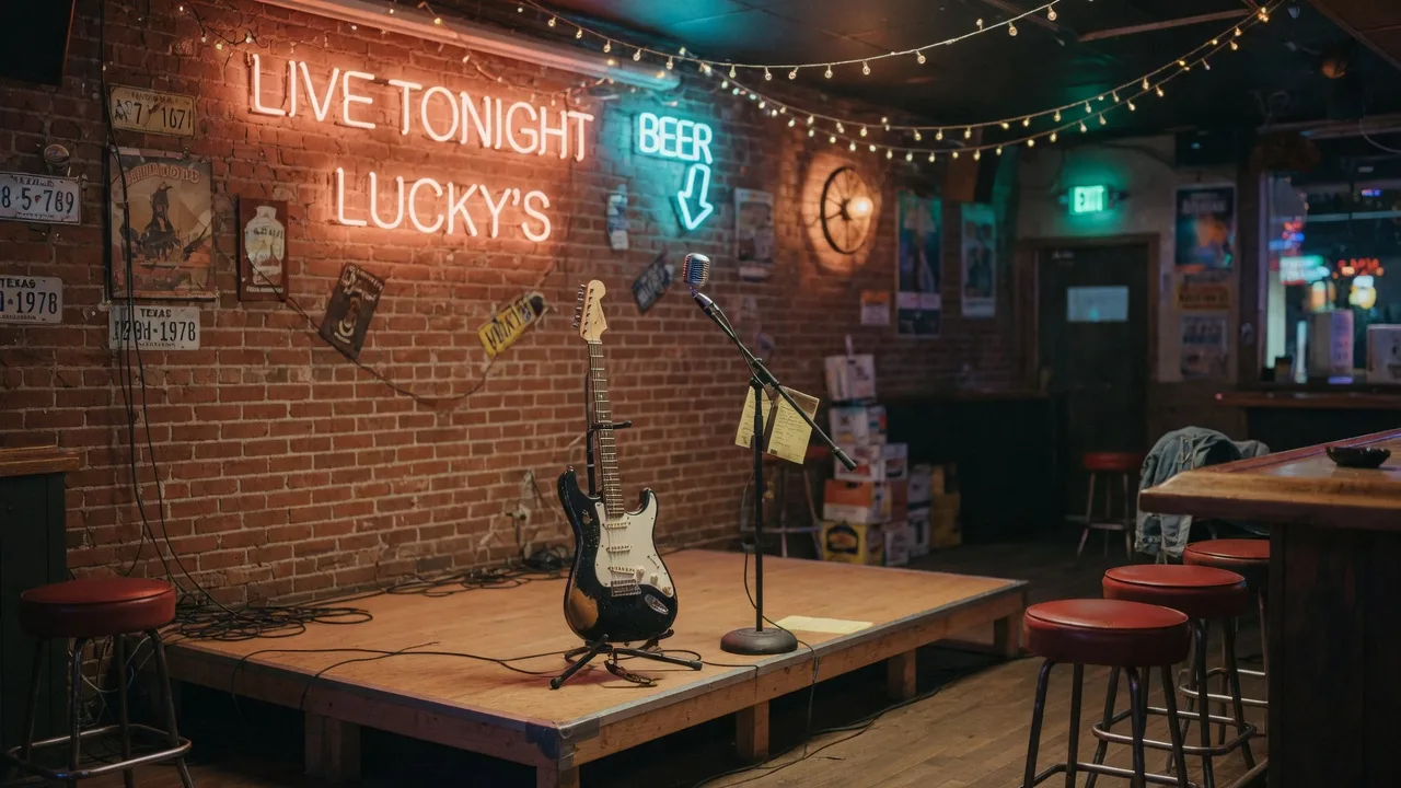 Small stage in a cozy Texas pub with warm neon and string lights, a guitar on a stand before a microphone, and exposed brick walls