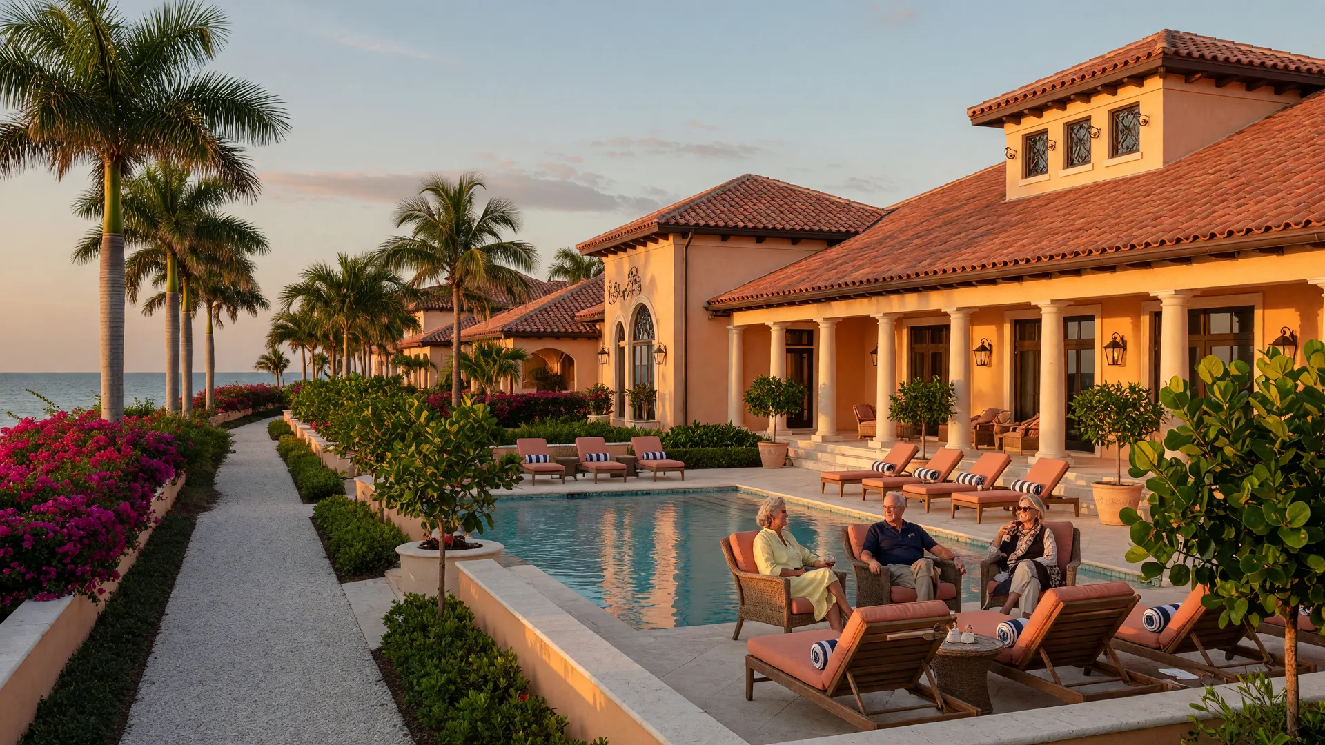 An elegant Mediterranean-style independent living community on Florida's Gulf Coast at golden hour, with a terracotta-roofed clubhouse, resort pool, palm-lined path, and residents on a colonnaded veranda