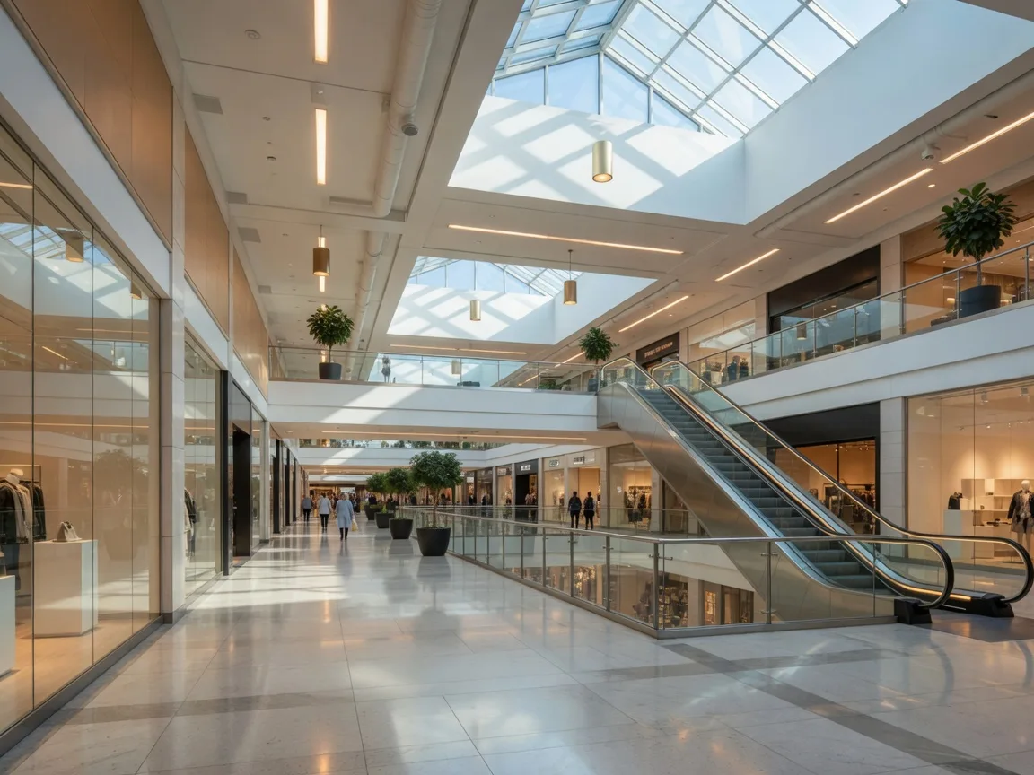 Bright modern shopping mall concourse with skylights and glass storefronts