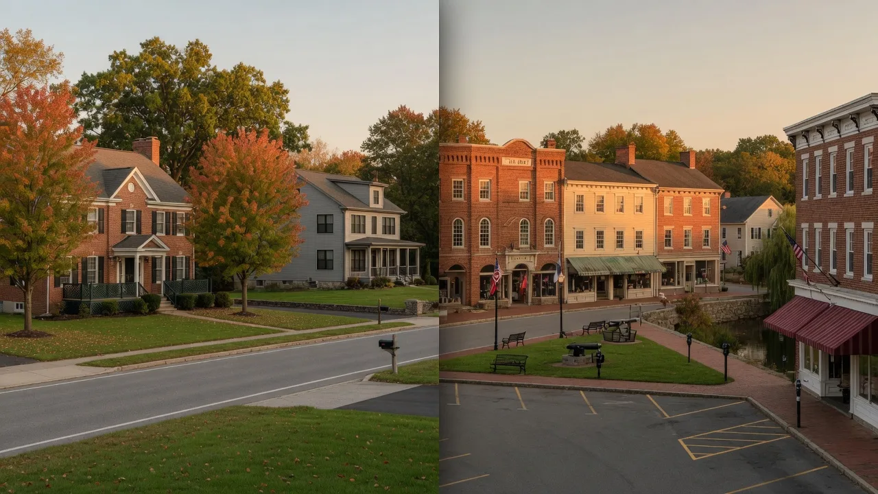 Split-screen comparison of a quiet suburban Lumberton street with large colonial and contemporary homes and the historic brick-and-clapboard main street of Mount Holly with a mill-dam creek beyond