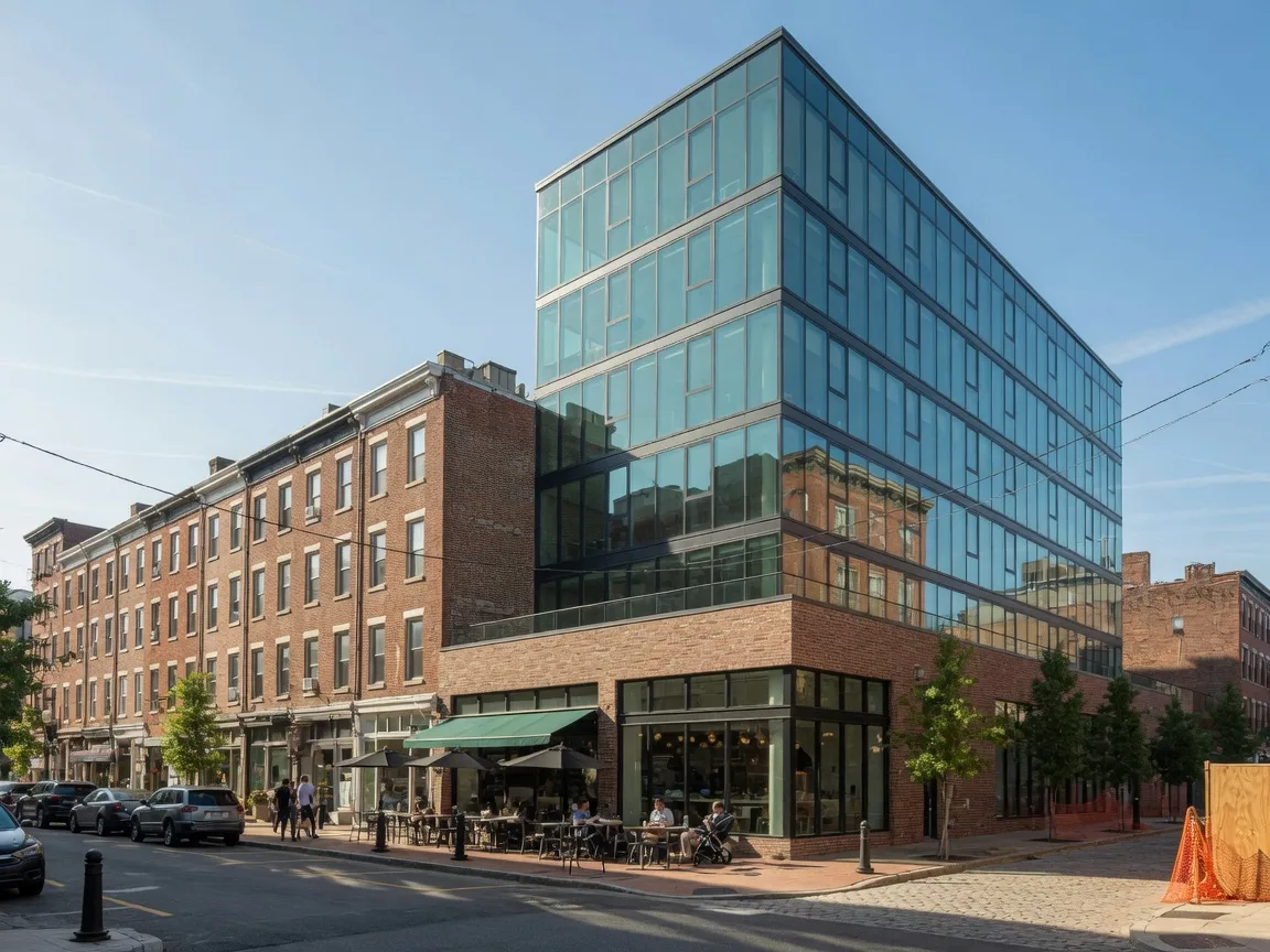 Modern condominium building blending with historic architecture in Old City Philadelphia