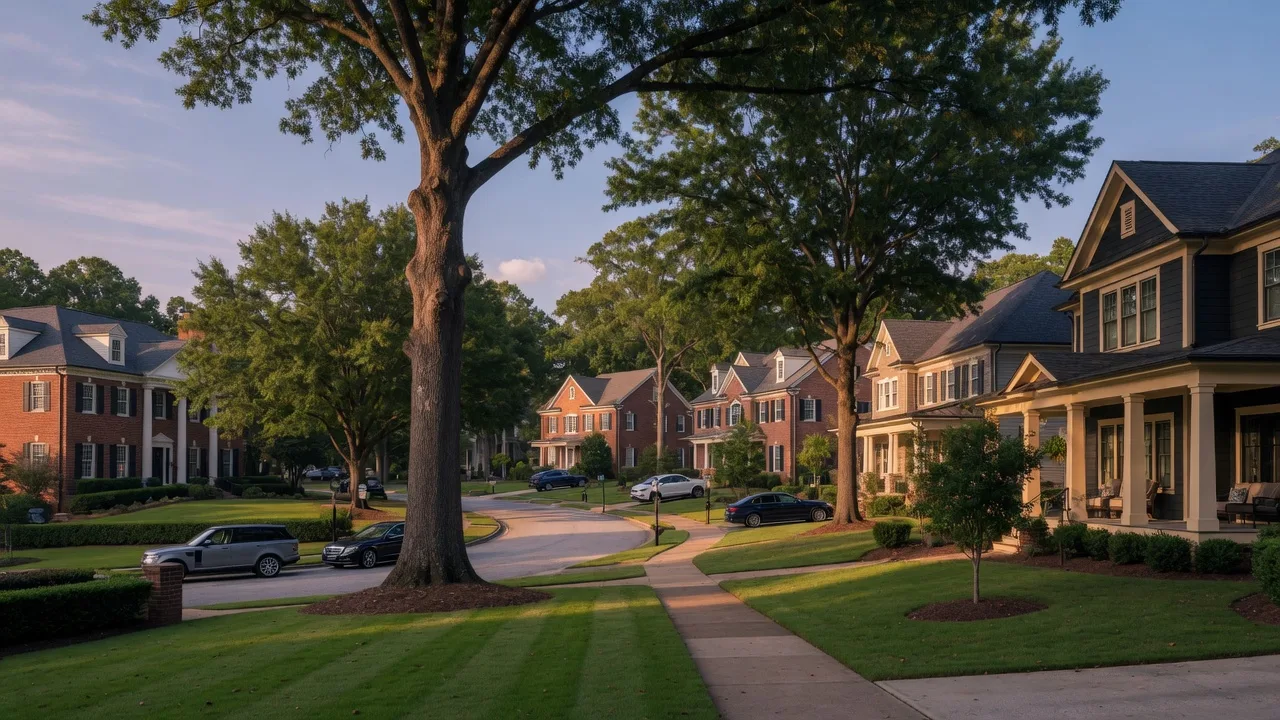 An upscale Metro Atlanta residential street at golden hour with stately brick and craftsman homes and mature oaks