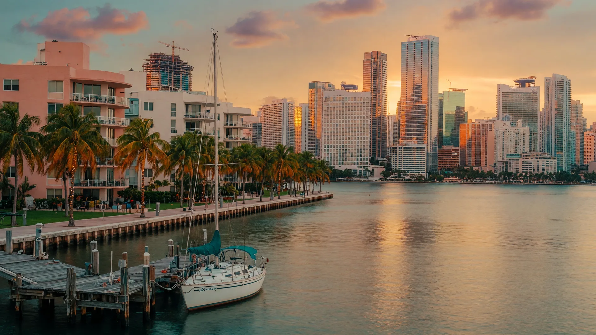 Biscayne Bay at golden hour with the Miami skyline in the distance