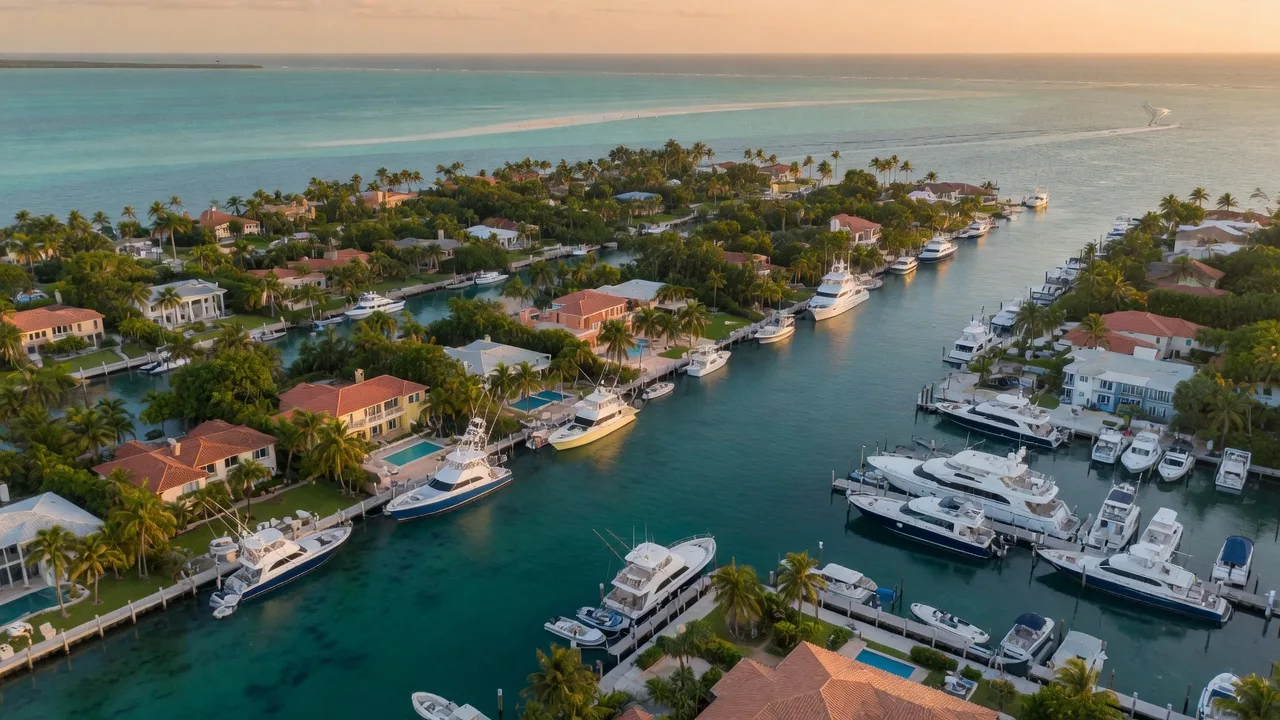 Aerial view at golden hour of a deep-water canal community on the Atlantic side of Key Largo, wide canals with luxury waterfront estates and private docks holding large sportfishing yachts, a marina near a canal mouth opening to the ocean