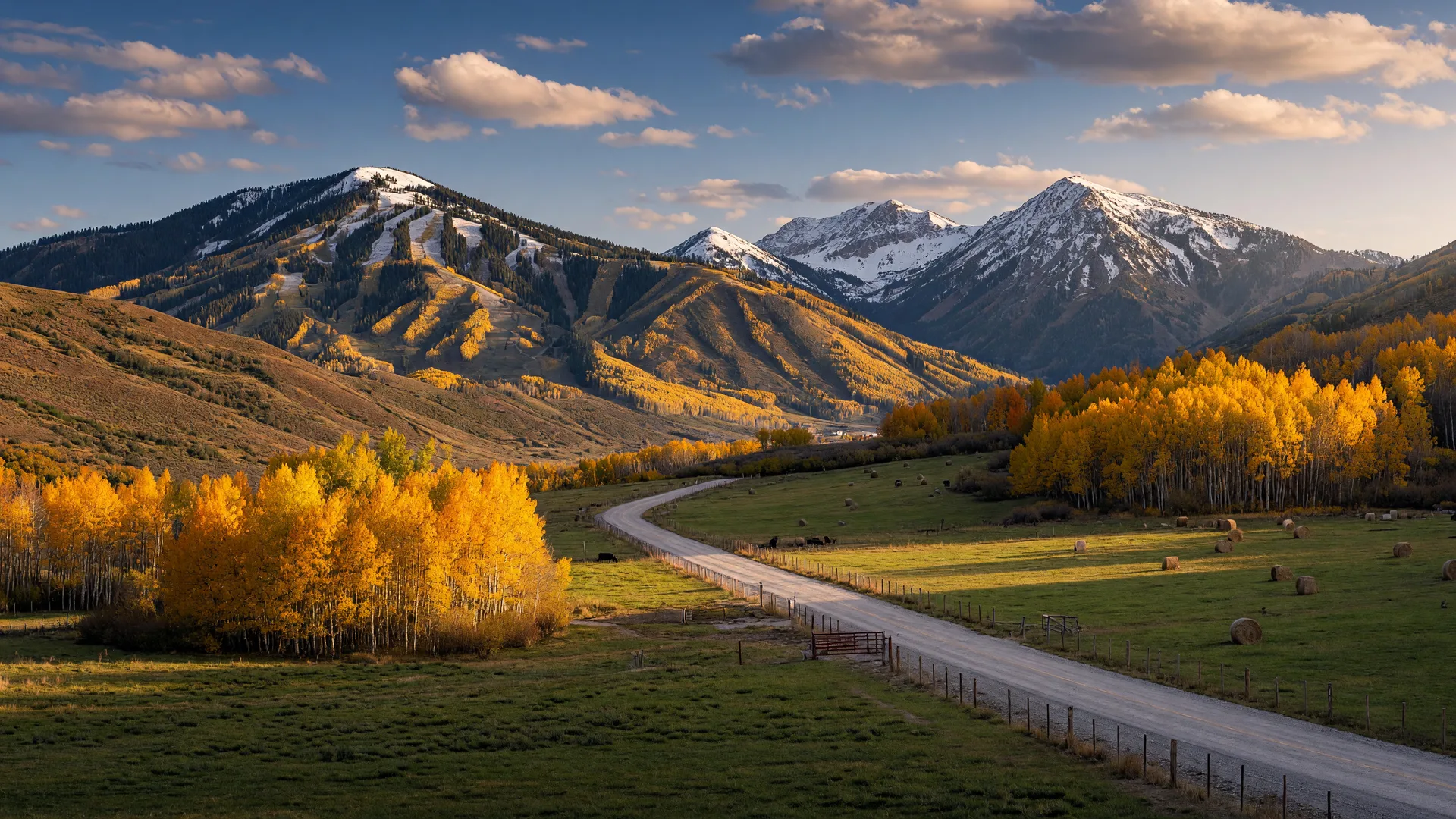 Golden aspens and green pastureland in the Heber Valley, with the snow-dusted Wasatch peaks behind Park City rising on the horizon.