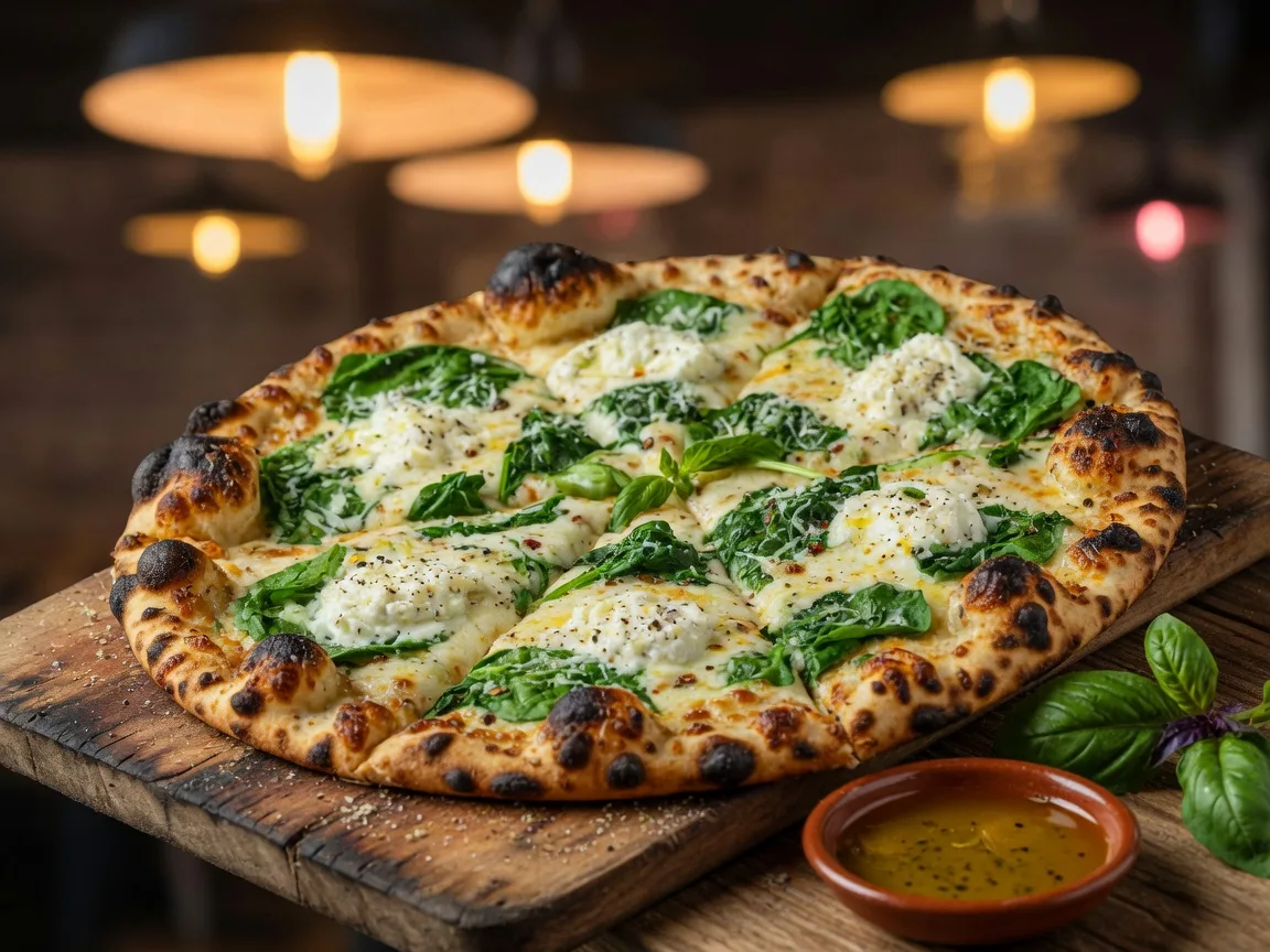 A New York-style thin-crust white spinach pizza with blistered crust, melted mozzarella, ricotta, and fresh spinach at The Roman Oven in Braselton Georgia