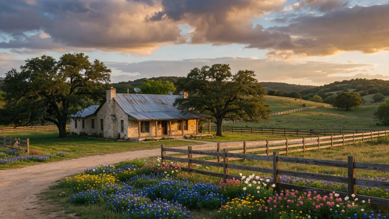 Limestone ranch house with metal roof on a large oak-shaded lot in Driftwood Texas Hill Country