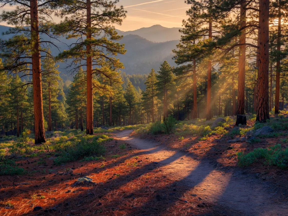 Hiking trail winding through towering ponderosa pines with golden-hour light