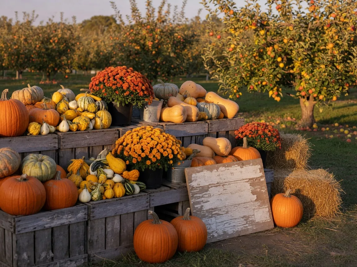 A South Jersey farm stand with crates of pumpkins, gourds, and golden mums in autumn light