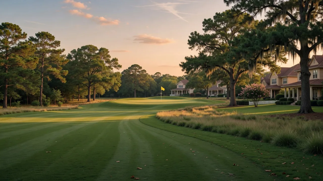 Golf course fairway at golden hour