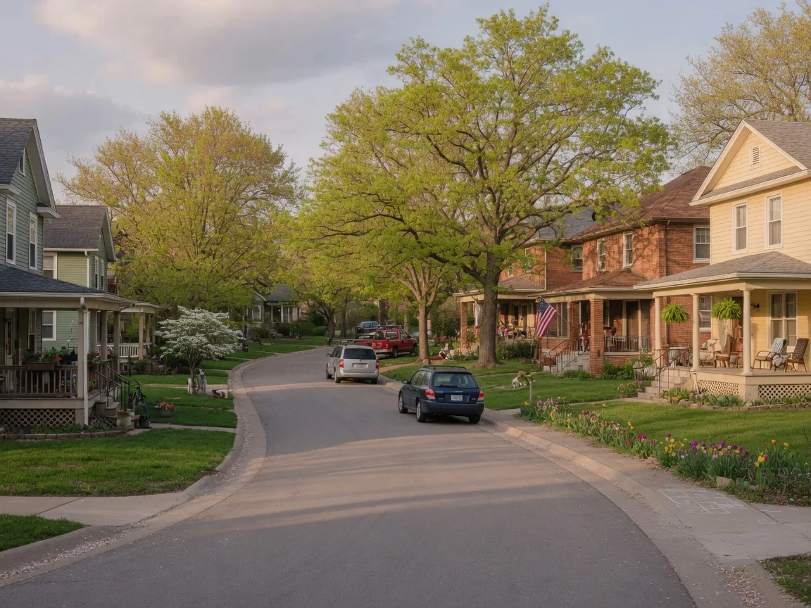 A peaceful tree-lined neighborhood street in Kansas City with well-maintained homes and warm afternoon light