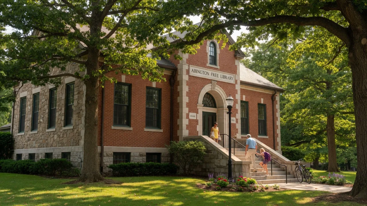 The historic stone and brick facade of the Abington Free Library on a bright summer afternoon with mature oak trees and residents on the front steps