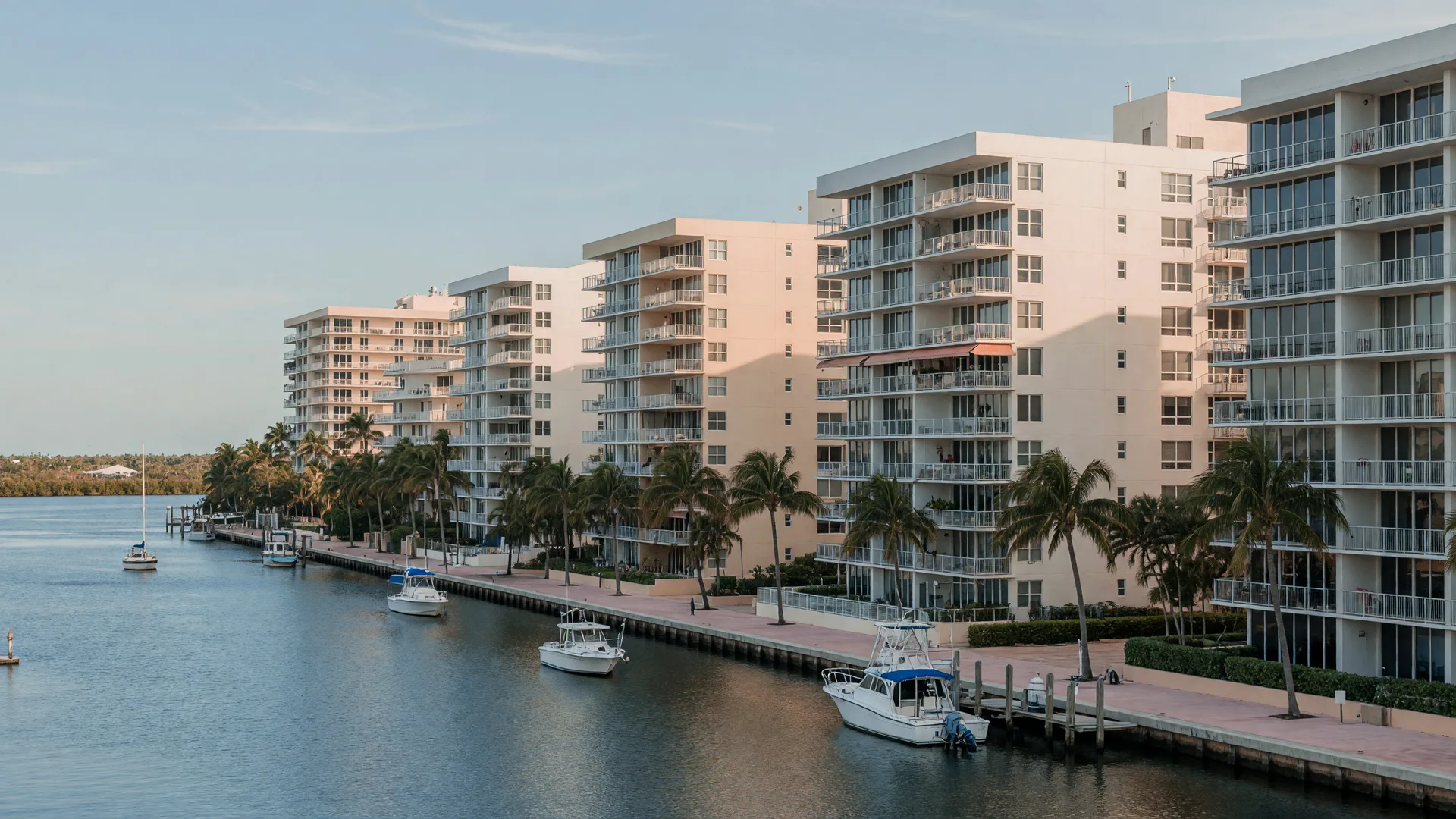 Mid-rise condominium buildings along the Intracoastal Waterway in Delray Beach, Florida