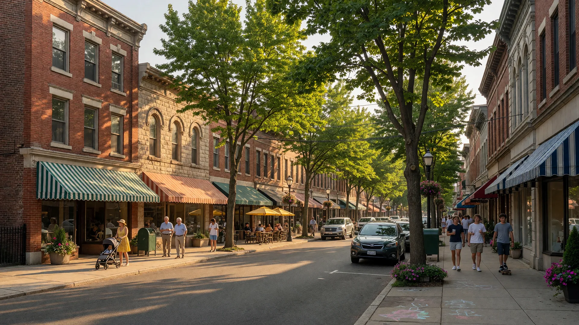 Tree-lined commercial street in South Orange NJ with historic storefronts and pedestrians on a warm summer afternoon