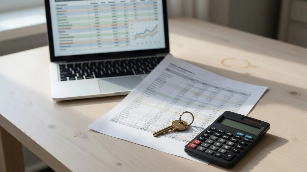 Mortgage comparison documents, calculator, and a brass house key on a desk