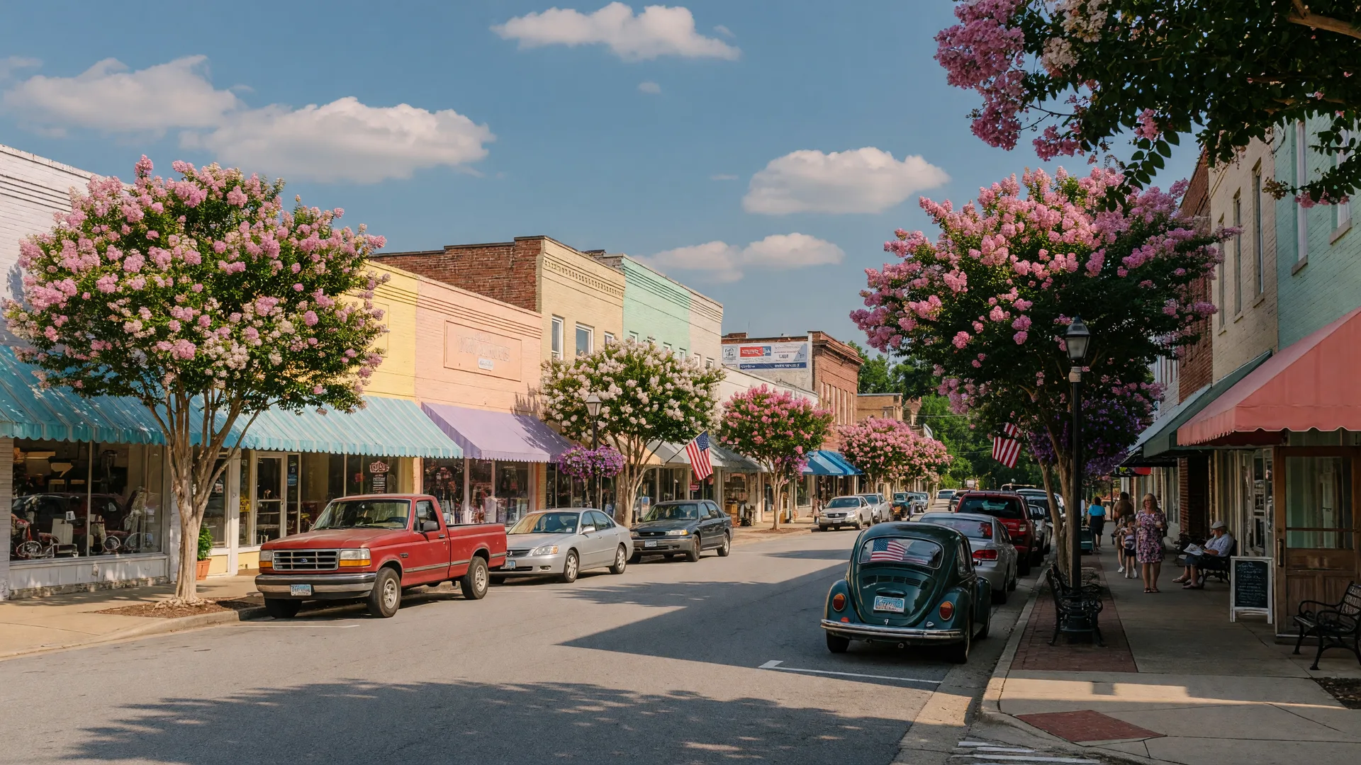 Main street in Angier, North Carolina lined with crepe myrtle trees