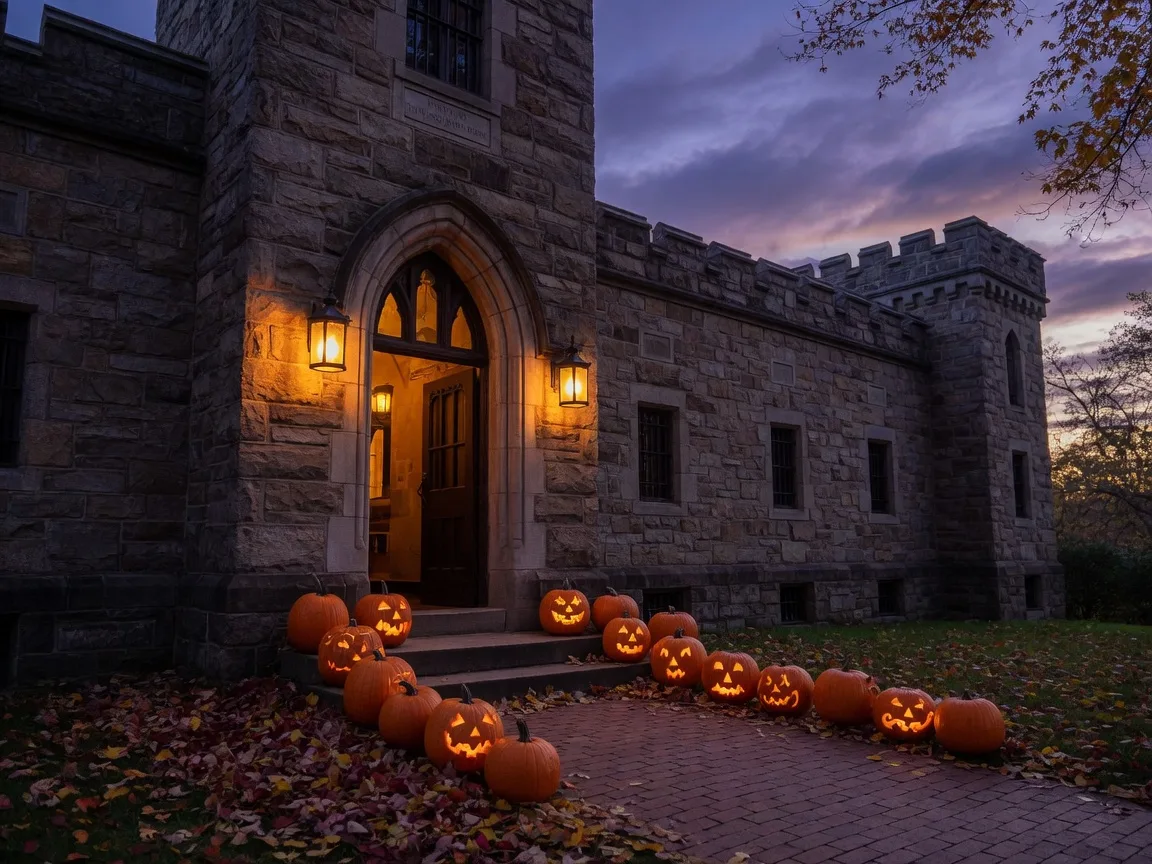 A historic stone prison museum building in Mount Holly at dusk, its gothic doorway glowing with lantern light, carved pumpkins and autumn leaves along the walkway