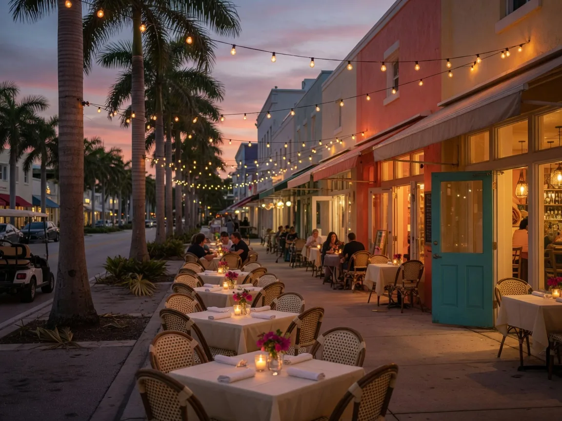 Al fresco dining tables along a palm-lined downtown Delray Beach avenue at dusk with string lights overhead