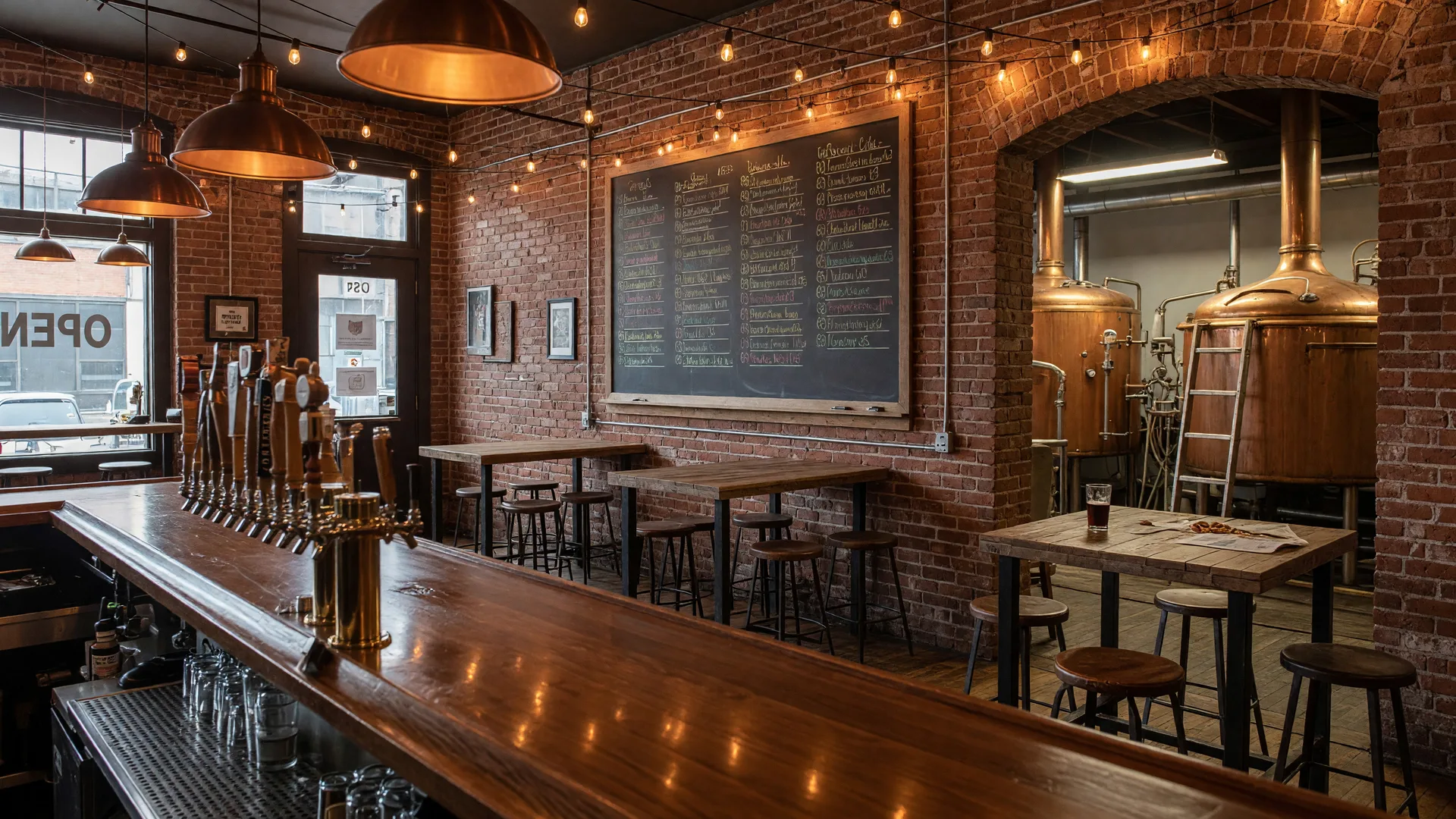 A welcoming craft brewery taproom with a polished wood bar, beer tap handles, exposed brick walls, warm Edison-bulb lighting and copper kettles at Crooked Handle Brewing in Springboro Ohio