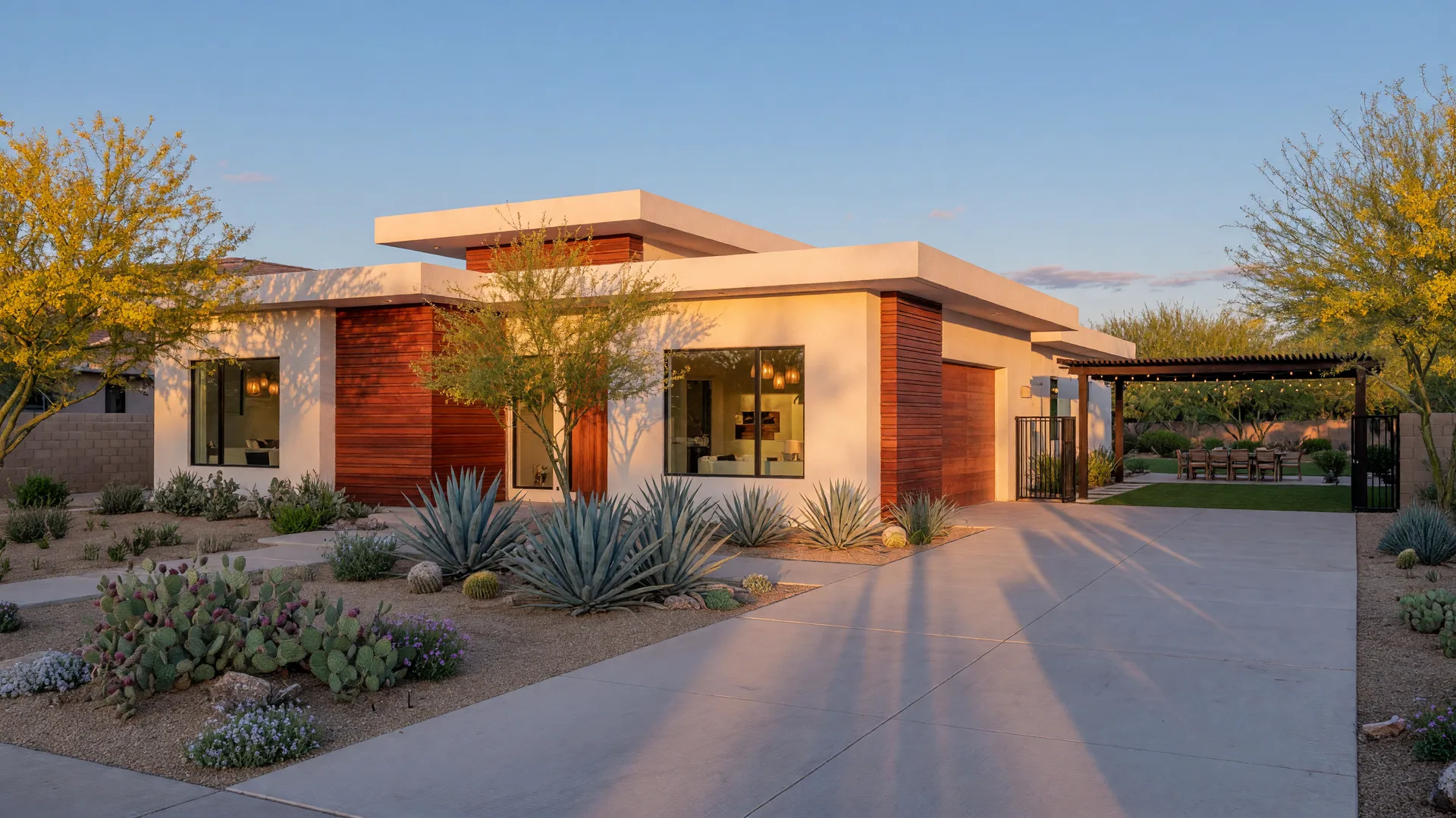 A bright modern Arizona family home with a generous landscaped yard in late afternoon light