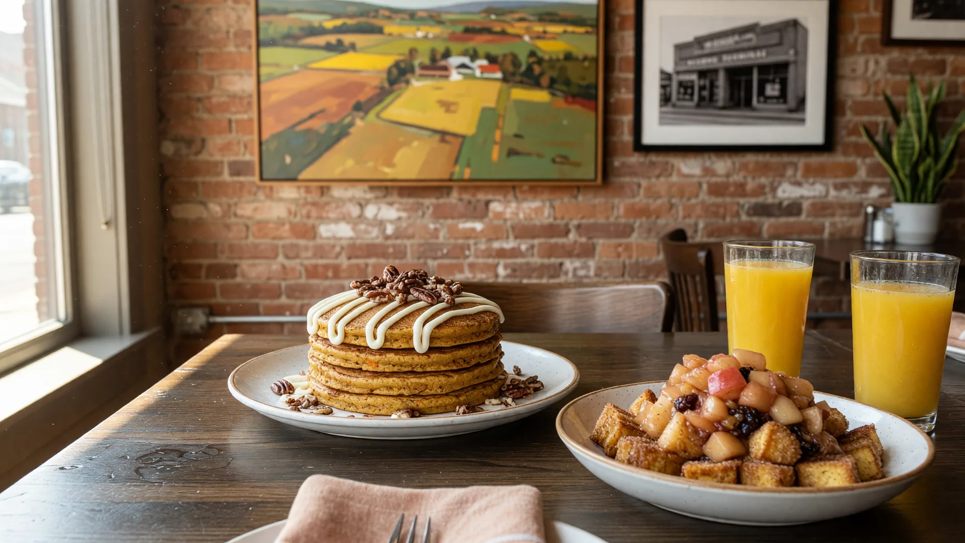 Brunch table at an upscale-casual Pennsylvania bistro with carrot cake pancakes, cinnamon apple french toast bites, and orange juice