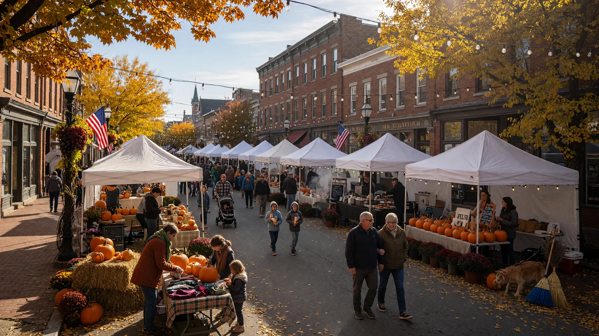 Historic Pennsylvania downtown autumn street festival at golden hour with white vendor tents, warm string lights, mums, and pumpkins along brick sidewalks under orange and gold foliage