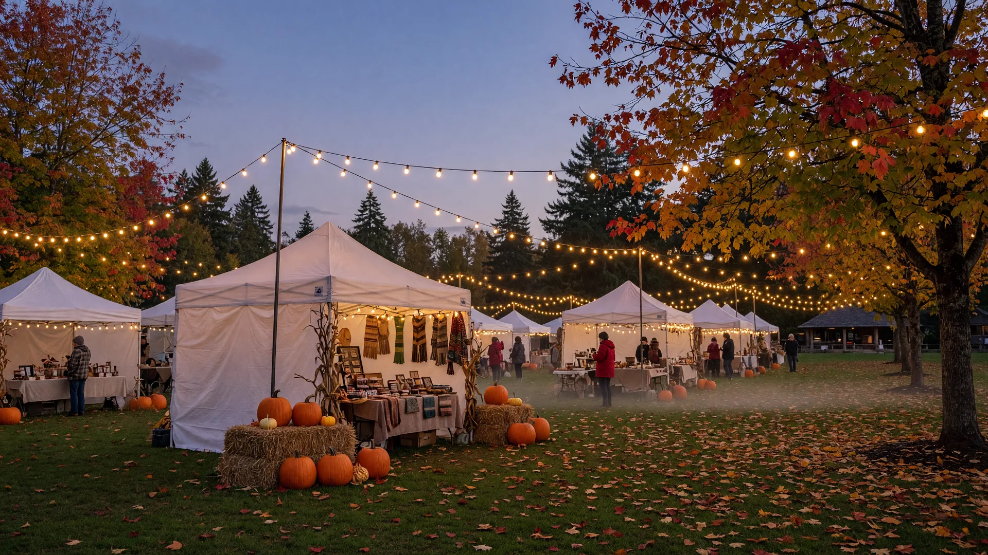 Community park gathering on a fall evening with string lights, vendor tents, and pumpkins