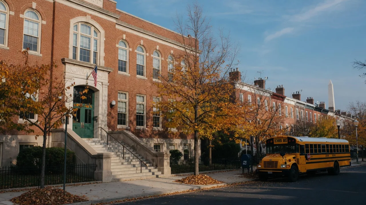 A red-brick Washington, DC public school building on a crisp October morning with a yellow school bus at the curb, autumn trees, and the Washington Monument visible in the distance