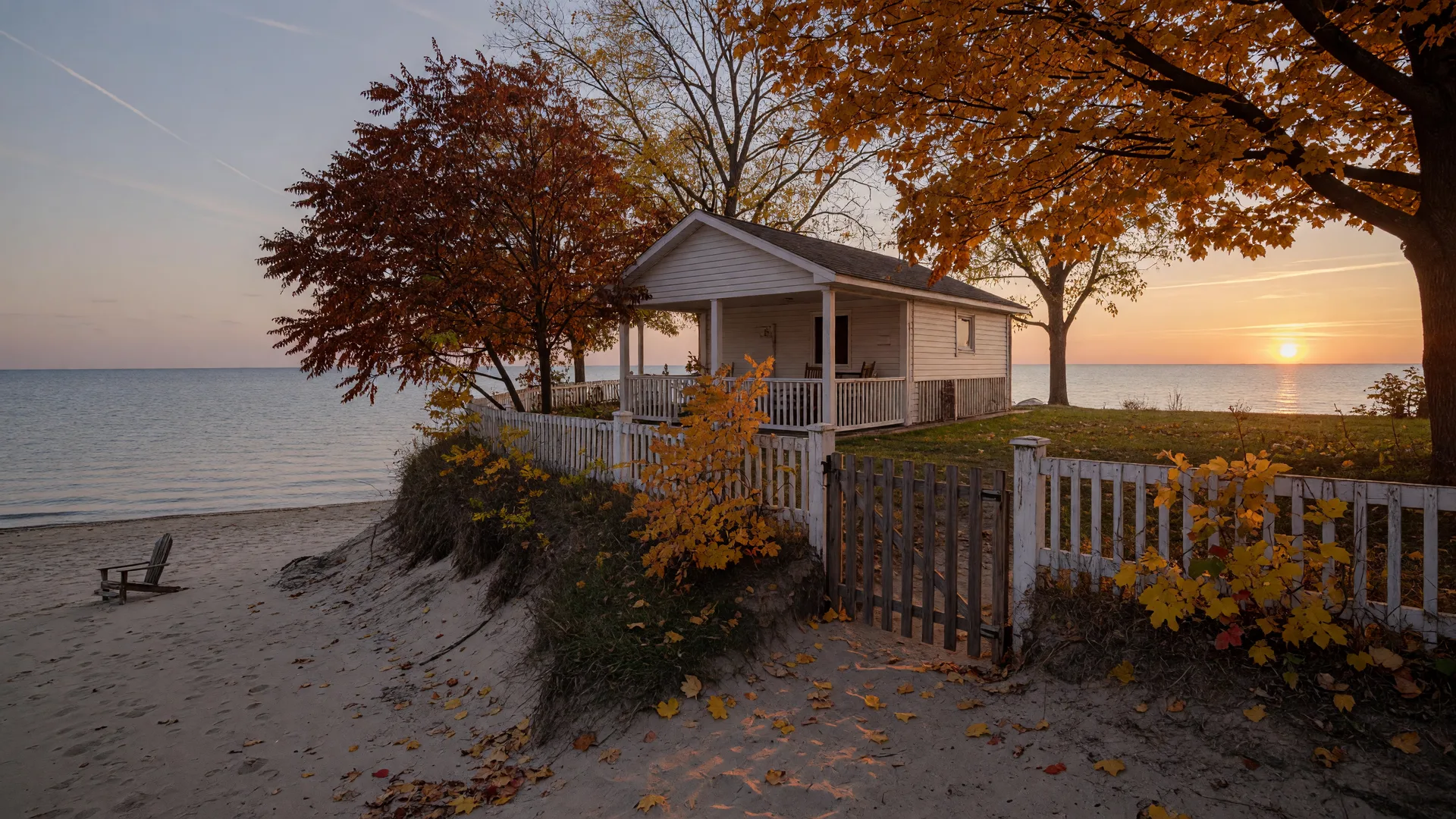 A quiet private Lake Erie beach club in early October at golden hour, with a white clubhouse, a wooden gate onto the sand, and autumn trees in rust and gold