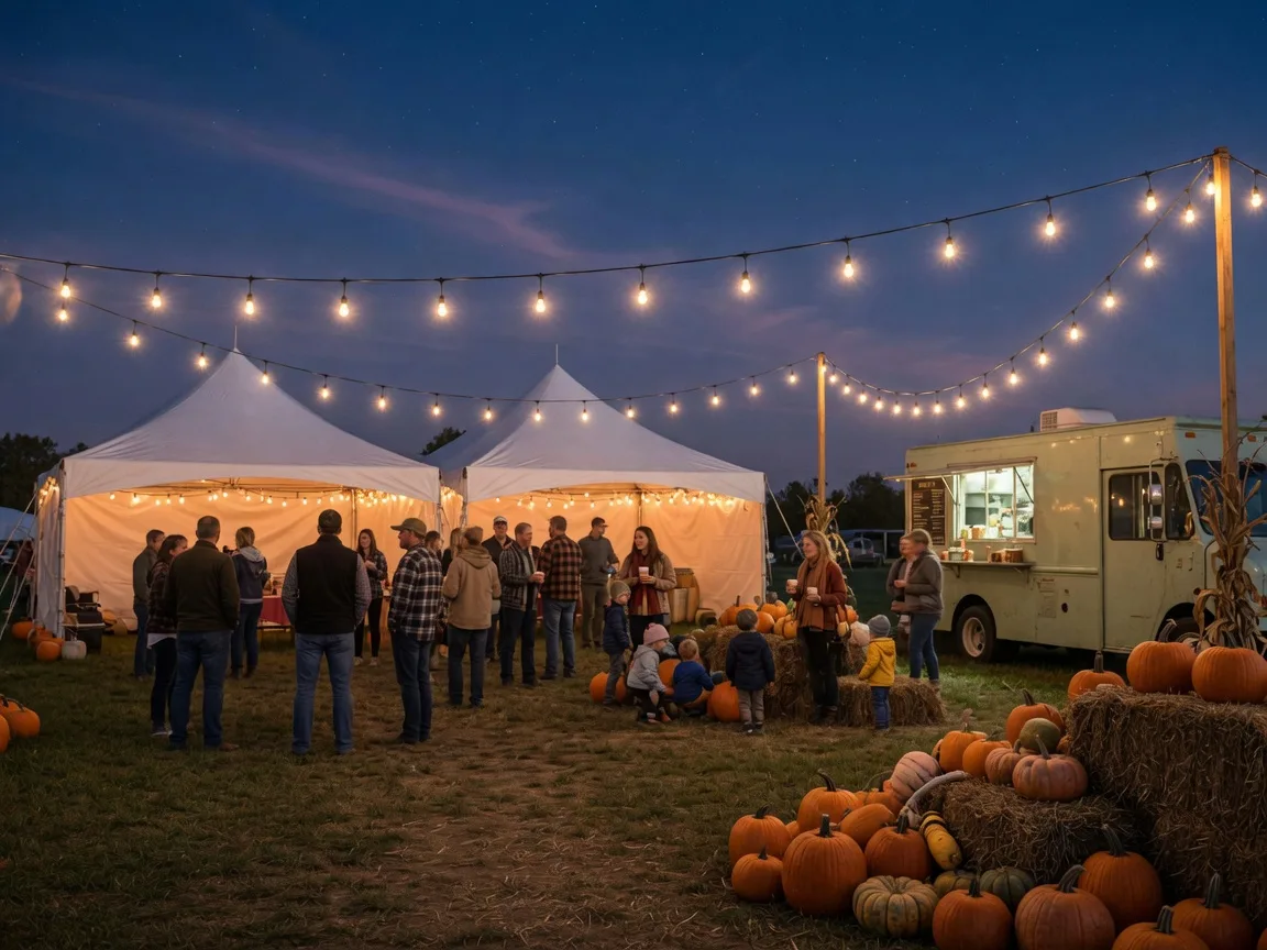 Warm string lights over white vendor tents, a food truck, and pumpkins at a New Jersey farm festival at dusk in late September