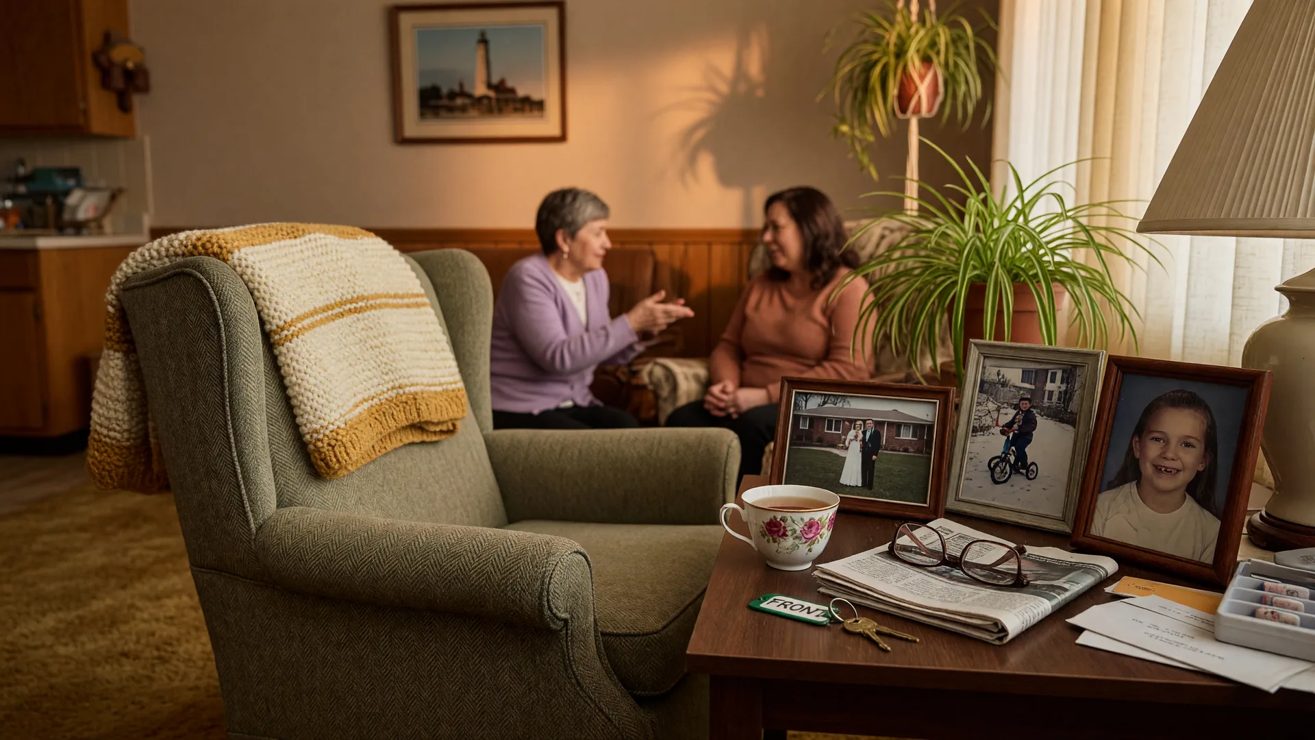 A warm editorial photograph of a cozy living room in a Northwest Indiana ranch home with an upholstered armchair draped in a knit blanket, framed family photos, reading glasses, and a brass house key on a side table in golden autumn light