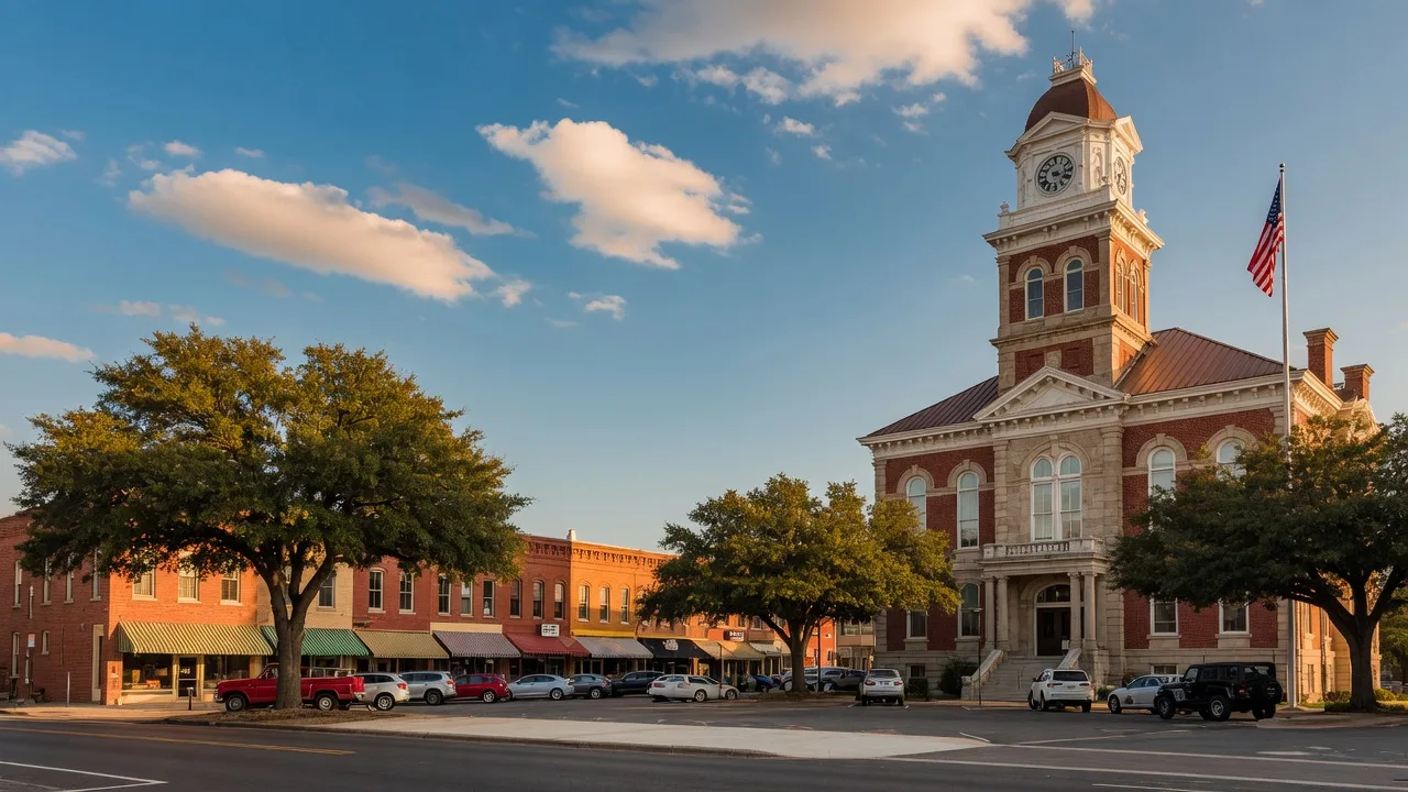 Historic Paulding County Courthouse square in Downtown Dallas, Georgia and charming storefronts.