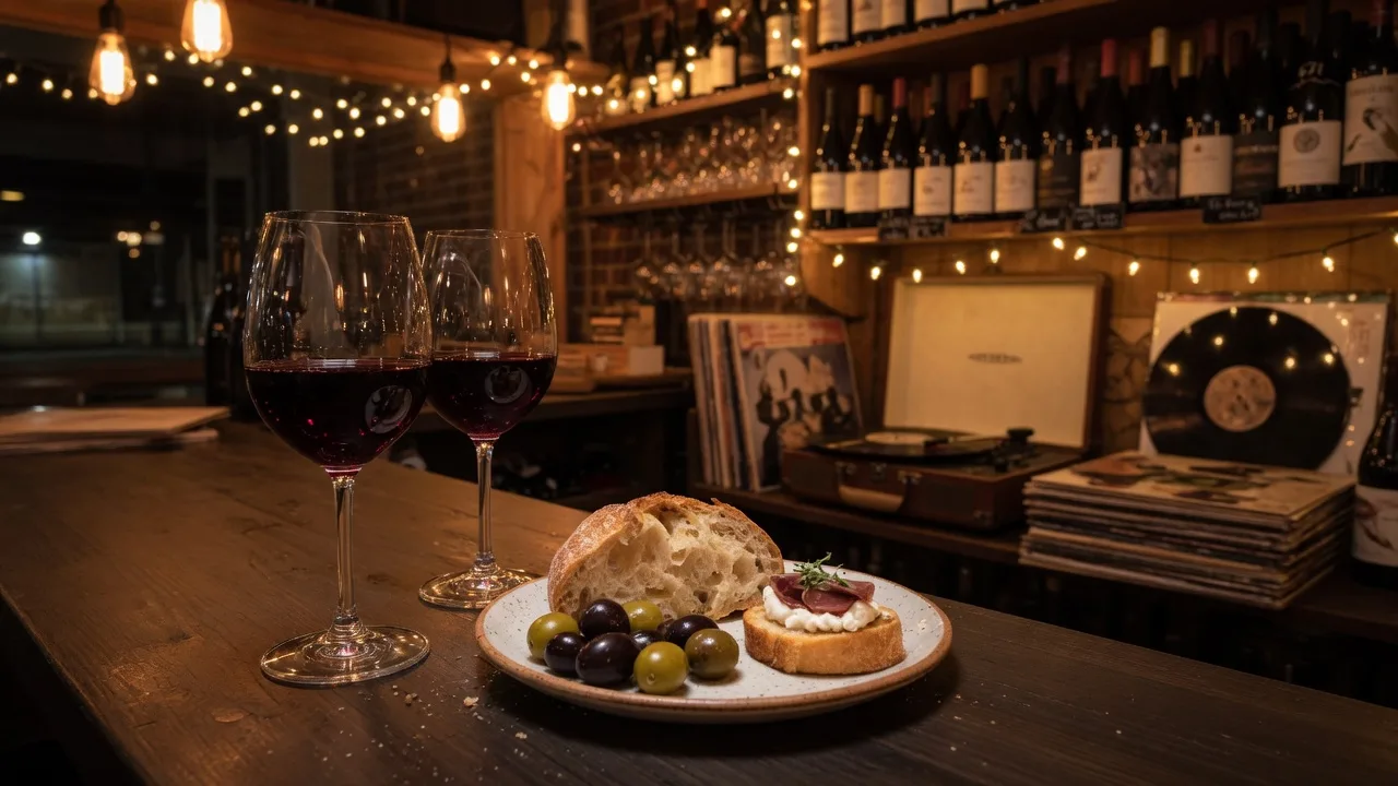 Two glasses of red wine and a plate of fresh-baked bread with olives on a dark wood bar in a cozy boutique wine bar, with a vintage record player, wine shelves, and glowing Edison string lights softly blurred in the warm amber background