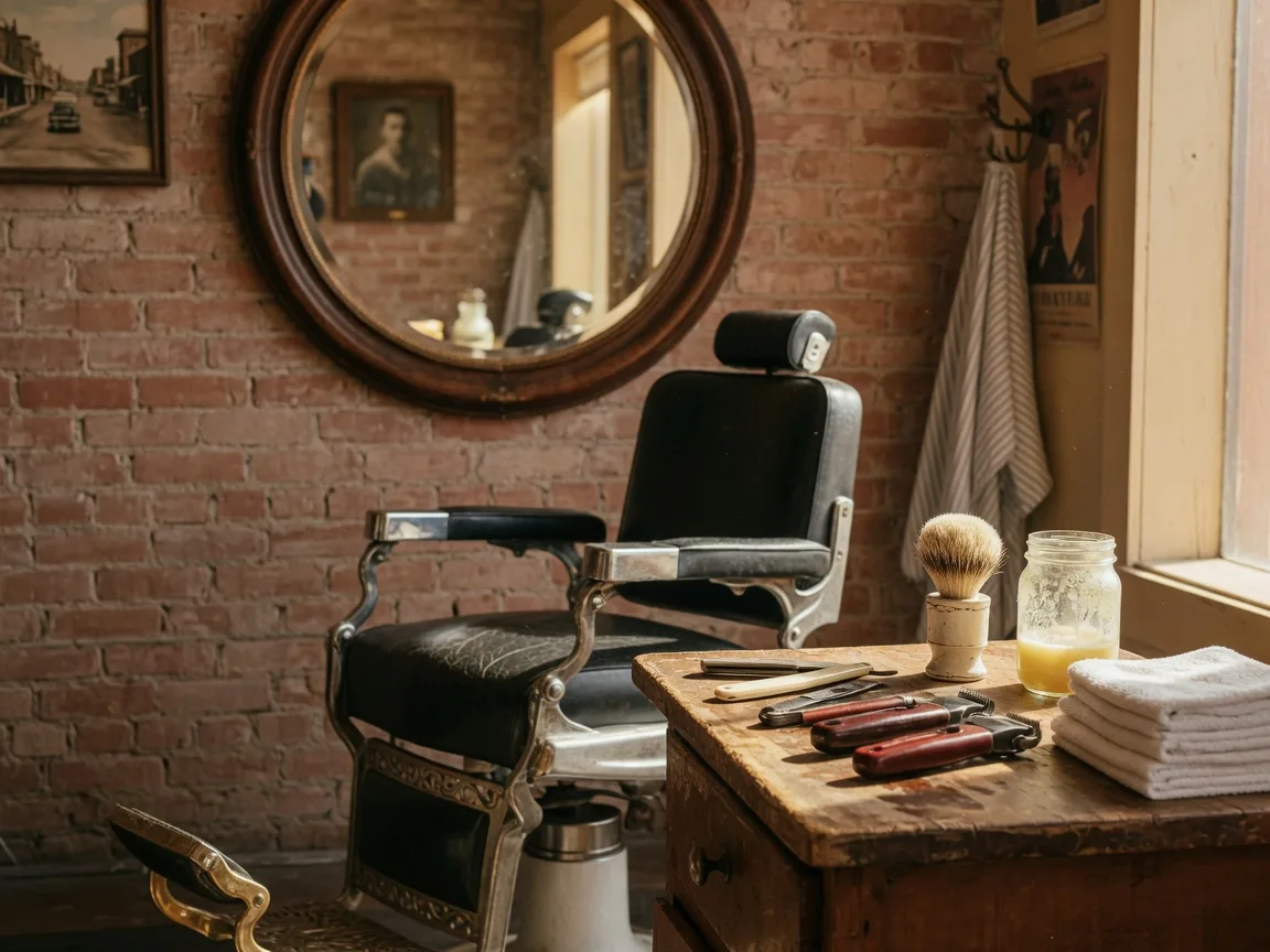 A vintage leather barber chair with chrome details beside a wooden counter holding a straight razor, clippers, shaving brush, and hot towels at Ace Barber Shop in Albuquerque