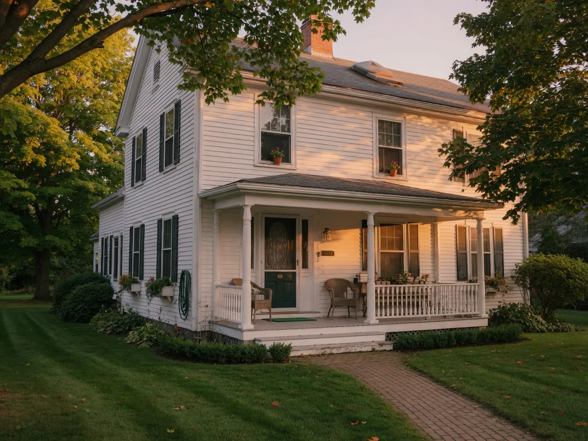 A classic New England family home at golden hour, warm light across the front porch