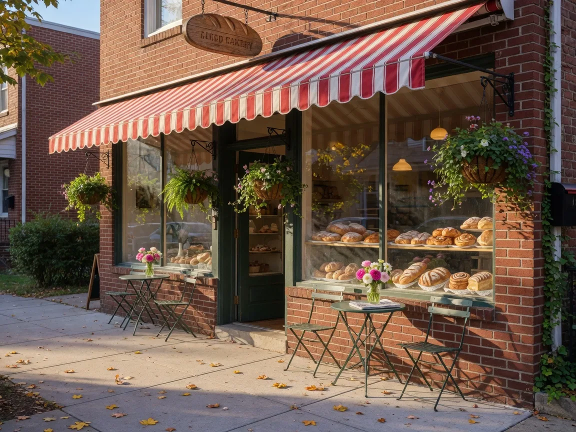 Welcoming cafe and bakery exterior with flower boxes in suburban Philadelphia