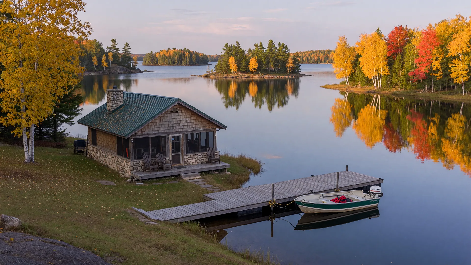 A classic cedar-and-stone lake home on the Whitefish Chain near Crosslake in early autumn, with a wooden dock, moored fishing boat, and golden shoreline