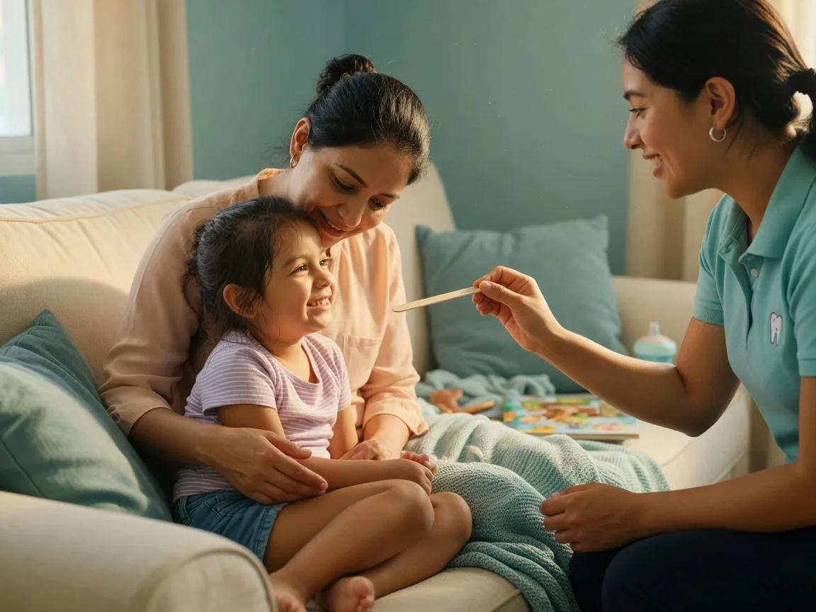 A mother and young child on a sofa while an oral-health professional gently examines the child's mouth