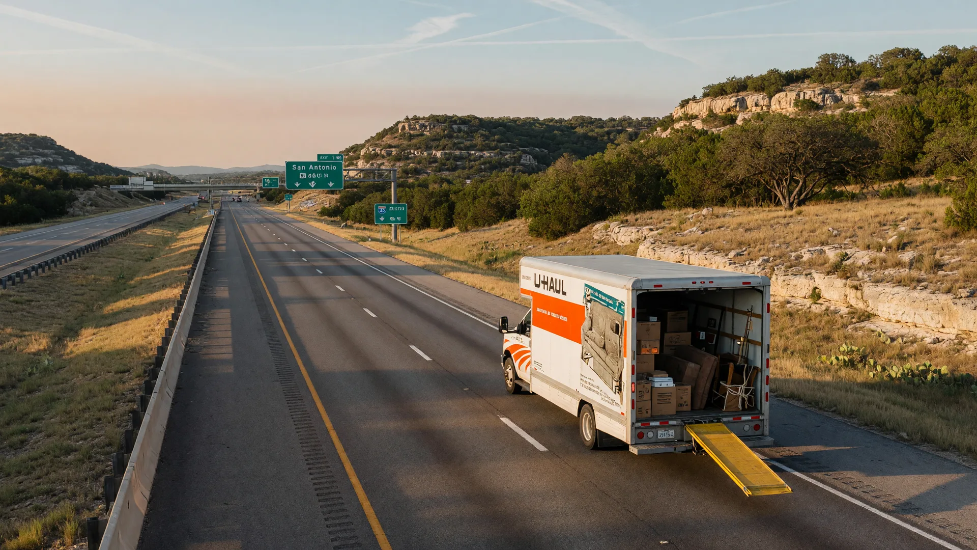 A loaded moving truck driving south on the I-35 corridor between Austin and San Antonio through Texas Hill Country at golden hour