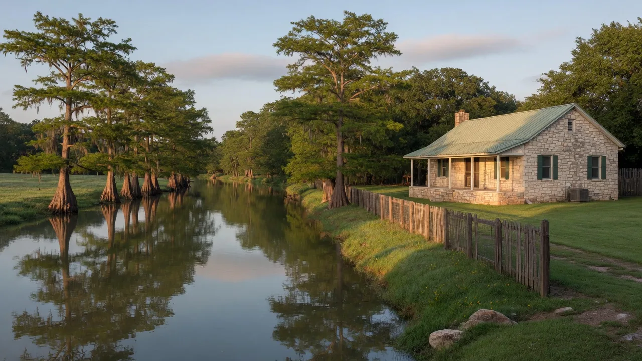 A single-story Texas Hill Country home beside a calm cypress-lined river in soft morning light