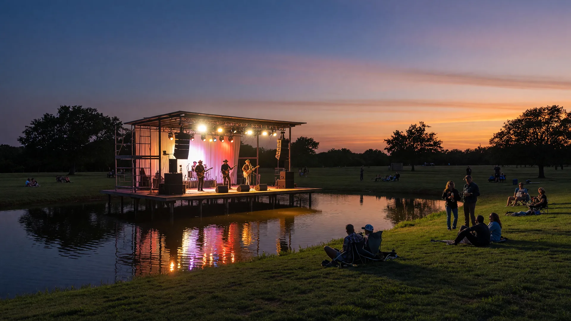 A country-rock band silhouetted on an outdoor stage built over a pond at dusk, warm stage lights reflecting on the water