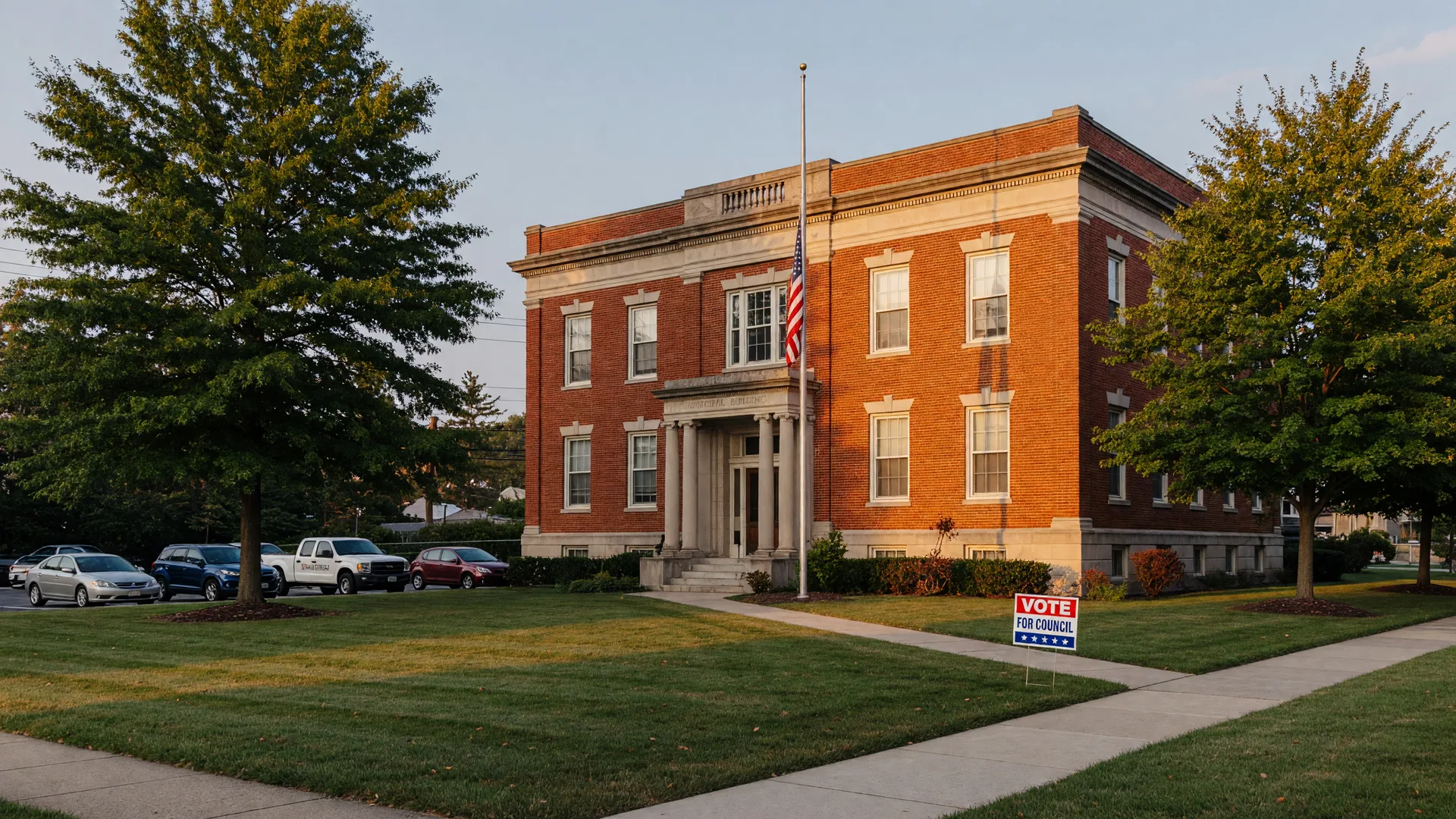 The West Orange municipal building on a late-summer afternoon with campaign signs on the lawn