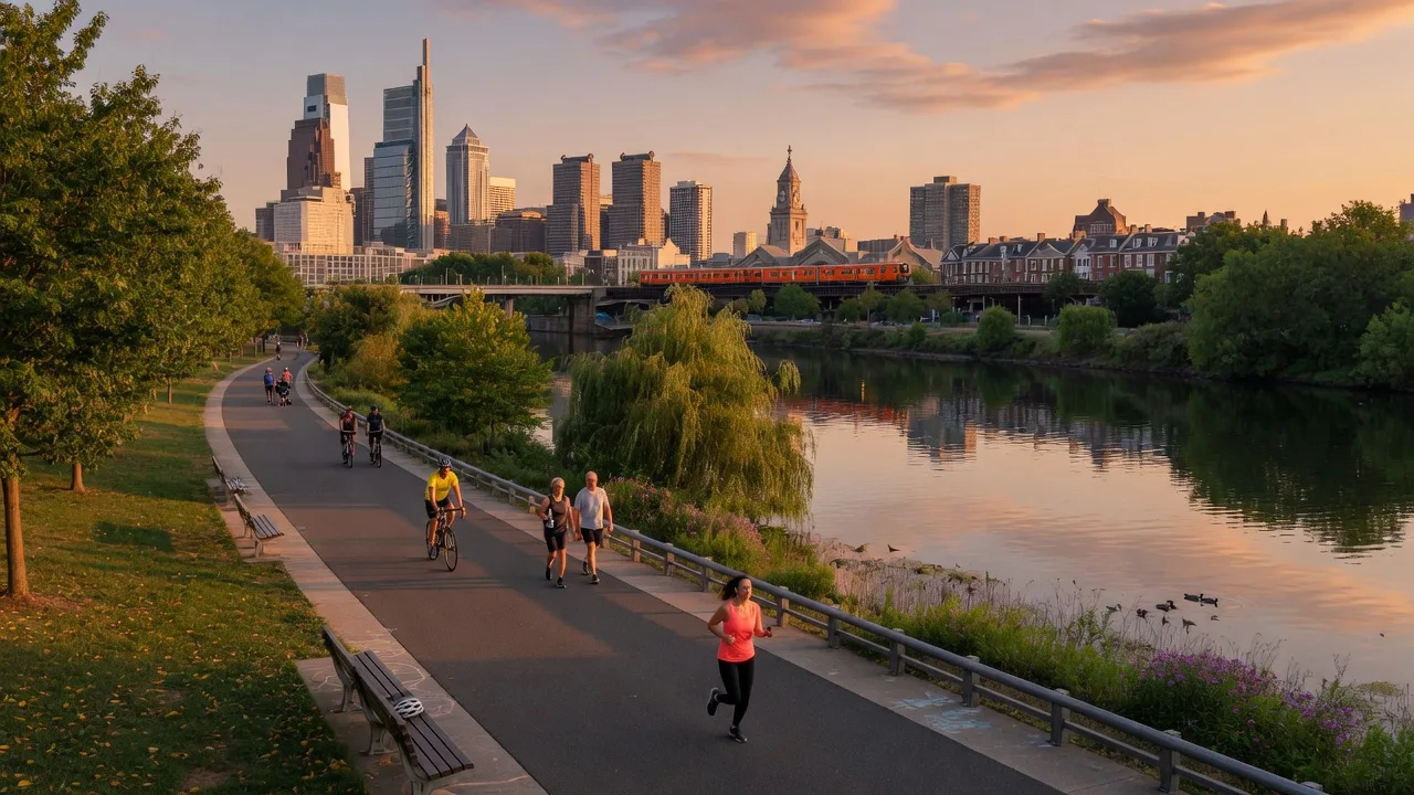 Schuylkill River Trail with joggers and cyclists near Powelton Village