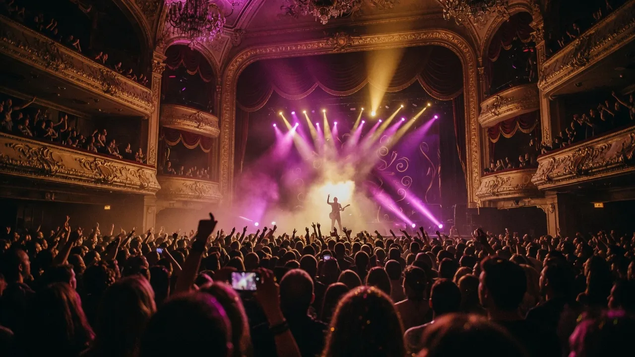 A cinematic rock concert in a grand casino theater with magenta and gold light beams cutting through haze over a distant silhouetted performer and layered balconies