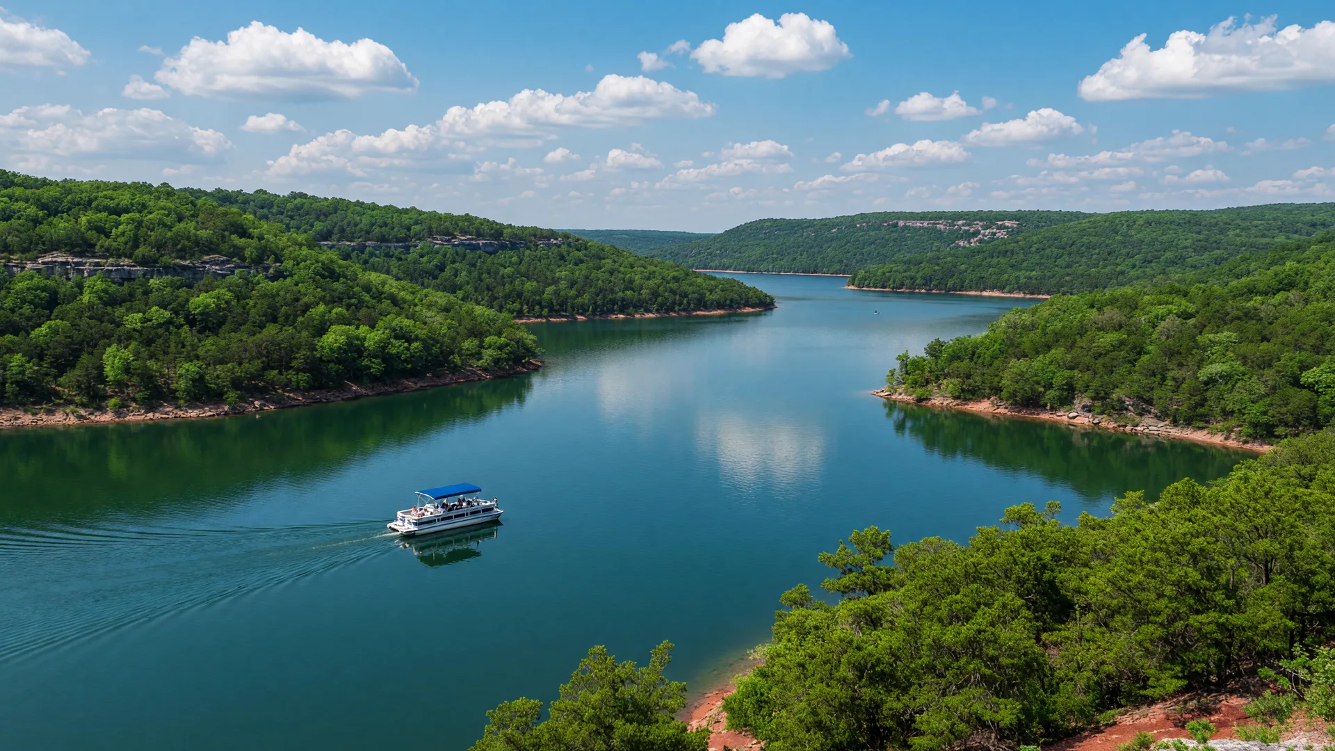 Table Rock Lake in Branson, Missouri with deep blue-green water and forested Ozark hillsides