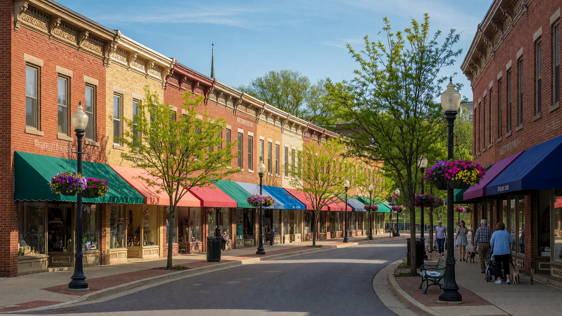 Historic brick storefronts with vintage street lamps and hanging flowers along Uptown Westerville Ohio