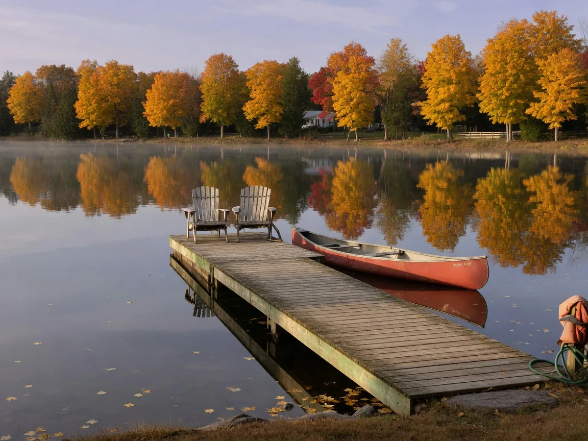 A small viewing dock on Lake Scugog in autumn with two lake chairs at the end, a canoe tied alongside, and golden maples reflected across the calm water